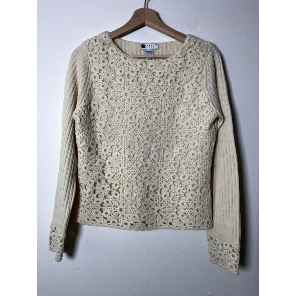 Carole Little Vintage Lambswool Angora Crochet Overlay Sweater Cream size medium